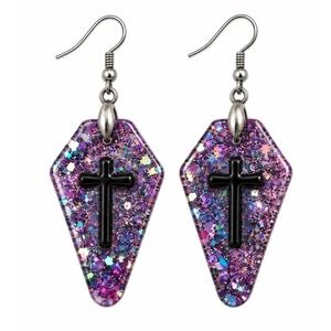 Purple Coffin Cross Resin Dangle Earrings Glitter Goth Gothic Halloween OOAK